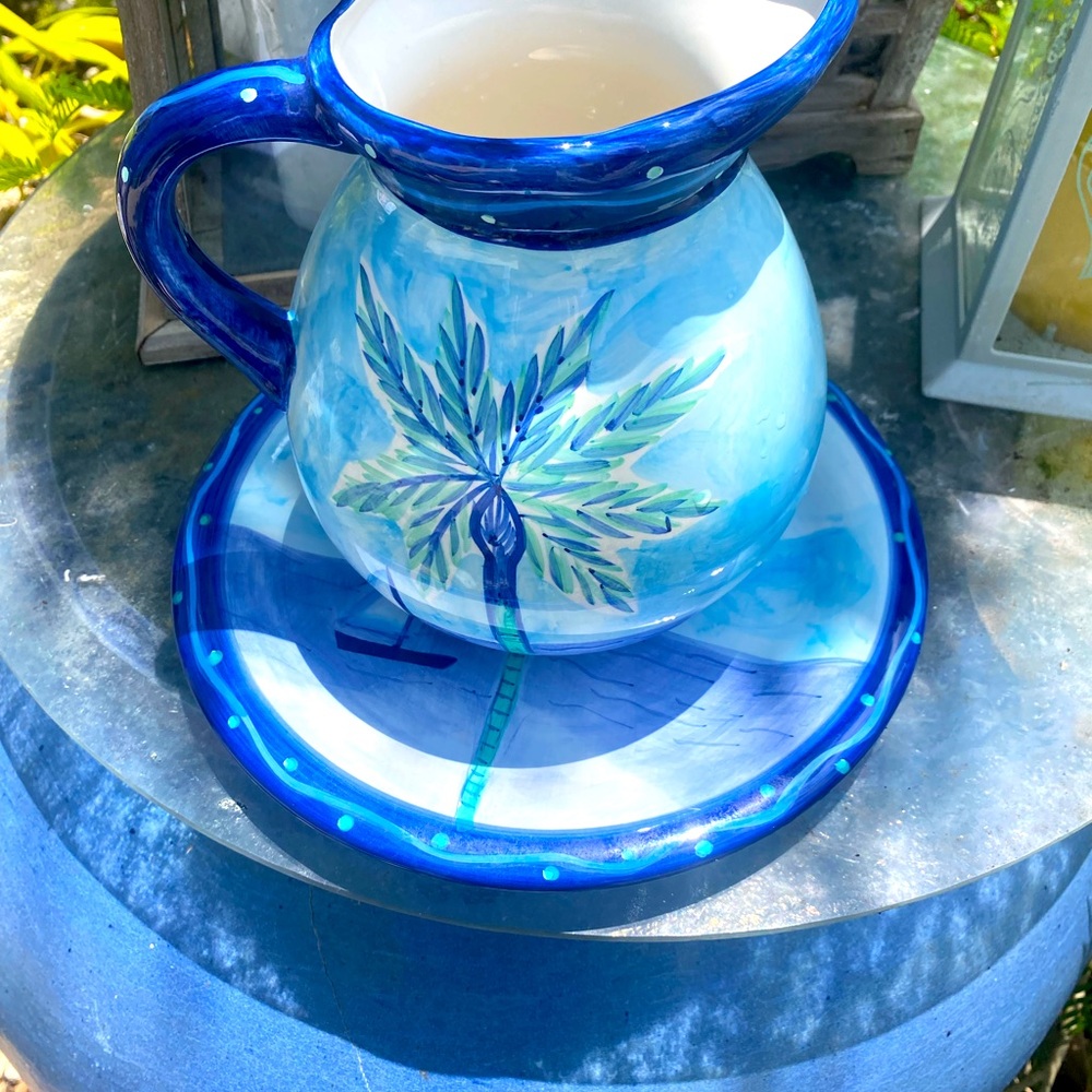 Blue and White Ceramic Pitcher with Palm Design